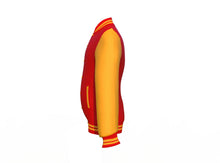 Load image into Gallery viewer, Red Varsity Letterman Jacket with Gold Sleeves - Shearling leather