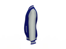 Load image into Gallery viewer, Navy Varsity Letterman Jacket with Grey Sleeves - Shearling leather