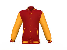 Load image into Gallery viewer, Maroon Varsity Letterman Jacket with Gold Sleeves - Shearling leather