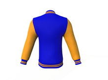 Load image into Gallery viewer, Blue Varsity Letterman Jacket with Gold Sleeves - Shearling leather