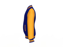 Load image into Gallery viewer, Navy Varsity Letterman Jacket with Gold Sleeves - Shearling leather