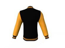 Load image into Gallery viewer, Black Varsity Letterman Jacket with Gold Sleeves - Shearling leather