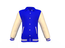Load image into Gallery viewer, Blue Varsity Letterman Jacket with Cream Sleeves - Shearling leather