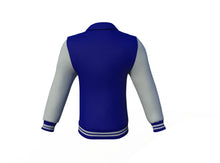 Load image into Gallery viewer, Navy Varsity Letterman Jacket with Grey Sleeves - Shearling leather