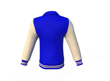 Load image into Gallery viewer, Blue Varsity Letterman Jacket with Cream Sleeves - Shearling leather