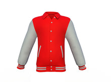 Load image into Gallery viewer, Red Varsity Letterman Jacket with Grey Sleeves - Shearling leather