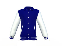 Load image into Gallery viewer, Navy Varsity Letterman Jacket with White Sleeves - Shearling leather