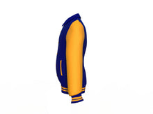 Load image into Gallery viewer, Navy Varsity Letterman Jacket with Gold Sleeves - Shearling leather