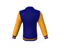 Load image into Gallery viewer, Navy Varsity Letterman Jacket with Gold Sleeves - Shearling leather