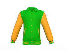 Load image into Gallery viewer, Light Green Varsity Letterman Jacket with Gold Sleeves - Shearling leather