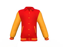 Load image into Gallery viewer, Red Varsity Letterman Jacket with Gold Sleeves - Shearling leather