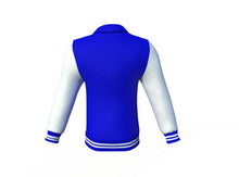 Load image into Gallery viewer, Blue Varsity Letterman Jacket with White Sleeves - Shearling leather