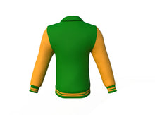 Load image into Gallery viewer, Dark Green Varsity Letterman Jacket with Gold Sleeves - Shearling leather