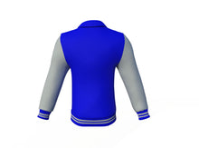 Load image into Gallery viewer, Blue Varsity Letterman Jacket with Grey Sleeves - Shearling leather