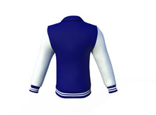 Load image into Gallery viewer, Navy Varsity Letterman Jacket with White Sleeves - Shearling leather