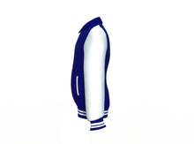 Load image into Gallery viewer, Navy Varsity Letterman Jacket with White Sleeves - Shearling leather