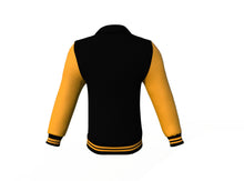 Load image into Gallery viewer, Black Varsity Letterman Jacket with Gold Sleeves - Shearling leather