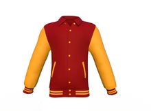 Load image into Gallery viewer, Maroon Varsity Letterman Jacket with Gold Sleeves - Shearling leather