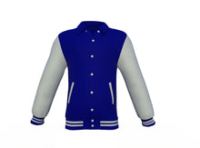 Load image into Gallery viewer, Navy Varsity Letterman Jacket with Grey Sleeves - Shearling leather