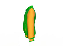 Load image into Gallery viewer, Light Green Varsity Letterman Jacket with Gold Sleeves - Shearling leather