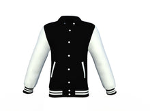 Load image into Gallery viewer, Black Varsity Letterman Jacket with White Sleeves - Shearling leather