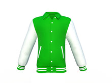 Load image into Gallery viewer, Light Green Varsity Letterman Jacket with White Sleeves - Shearling leather
