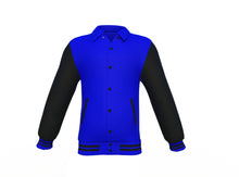 Load image into Gallery viewer, Blue Varsity Letterman Jacket with Black Sleeves - Shearling leather
