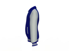 Load image into Gallery viewer, Navy Varsity Letterman Jacket with Grey Sleeves - Shearling leather