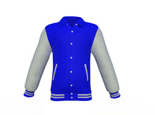 Load image into Gallery viewer, Blue Varsity Letterman Jacket with Grey Sleeves - Shearling leather