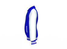 Load image into Gallery viewer, Blue Varsity Letterman Jacket with White Sleeves - Shearling leather