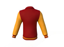 Load image into Gallery viewer, Maroon Varsity Letterman Jacket with Gold Sleeves - Shearling leather