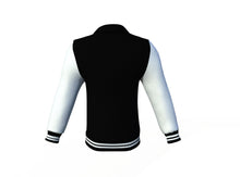 Load image into Gallery viewer, Black Varsity Letterman Jacket with White Sleeves - Shearling leather