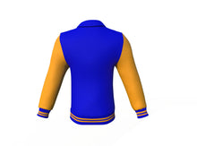 Load image into Gallery viewer, Blue Varsity Letterman Jacket with Gold Sleeves - Shearling leather