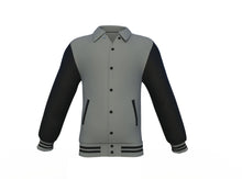 Load image into Gallery viewer, Grey Varsity Letterman Jacket with Black Sleeves - Shearling leather