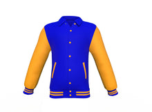Load image into Gallery viewer, Blue Varsity Letterman Jacket with Gold Sleeves - Shearling leather