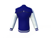 Load image into Gallery viewer, Navy Varsity Letterman Jacket with White Sleeves - Shearling leather