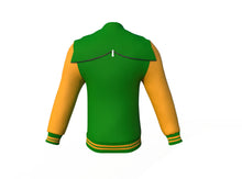 Load image into Gallery viewer, Dark Green Varsity Letterman Jacket with Gold Sleeves - Shearling leather