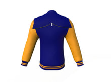 Load image into Gallery viewer, Navy Varsity Letterman Jacket with Gold Sleeves - Shearling leather