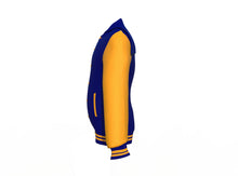Load image into Gallery viewer, Navy Varsity Letterman Jacket with Gold Sleeves - Shearling leather