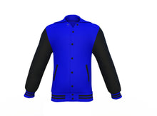 Load image into Gallery viewer, Blue Varsity Letterman Jacket with Black Sleeves - Shearling leather