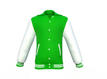 Load image into Gallery viewer, Light Green Varsity Letterman Jacket with White Sleeves - Shearling leather