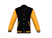 Load image into Gallery viewer, Black Varsity Letterman Jacket with Gold Sleeves - Shearling leather