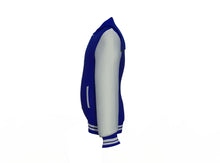 Load image into Gallery viewer, Navy Varsity Letterman Jacket with Grey Sleeves - Shearling leather