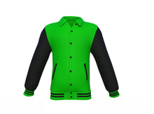 Load image into Gallery viewer, Light Green Varsity Letterman Jacket with Black Sleeves - Shearling leather