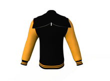 Load image into Gallery viewer, Black Varsity Letterman Jacket with Gold Sleeves - Shearling leather