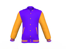 Load image into Gallery viewer, Purple Varsity Letterman Jacket with Gold Sleeves - Shearling leather
