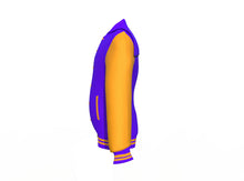 Load image into Gallery viewer, Purple Varsity Letterman Jacket with Gold Sleeves - Shearling leather