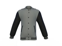 Load image into Gallery viewer, Grey Varsity Letterman Jacket with Black Sleeves - Shearling leather