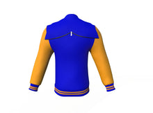 Load image into Gallery viewer, Blue Varsity Letterman Jacket with Gold Sleeves - Shearling leather