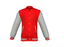 Load image into Gallery viewer, Red Varsity Letterman Jacket with Grey Sleeves - Shearling leather